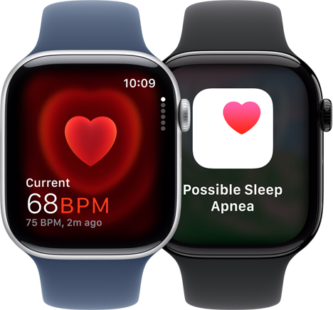 Deux Apple Watch Series 10, l’une affichant l’app Fréquence cardiaque avec une mesure à 68 BPM, et l’autre une notification d’apnée du sommeil.