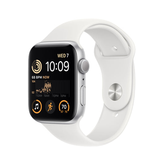 Apple Watch SE GPS, Boîtier en aluminium argent de 44 mm, Bracelet Sport blanc - Regular