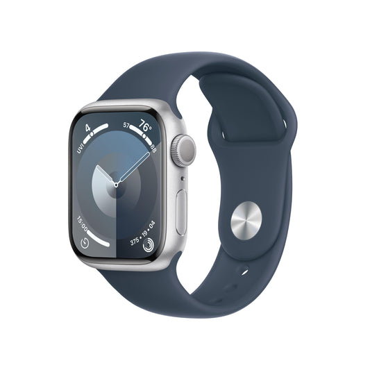 [OPEN BOX] Apple Watch Series 9 GPS, Boîtier en aluminium argent de 41 mm, Bracelet Sport bleu orage - S/M