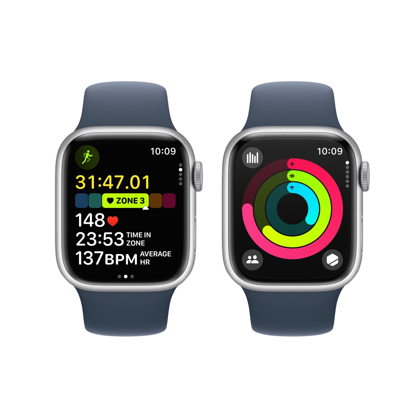 [OPEN BOX] Apple Watch Series 9 GPS, Boîtier en aluminium argent de 41 mm, Bracelet Sport bleu orage - S/M