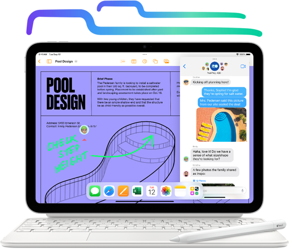 Un iPad associé au Magic Keyboard Folio pour iPad avec l’Apple Pencil, affichant l’app Pages et l’app Messages. Annotation « Balayez, tapez ou utilisez le trackpad » renvoyant au clavier