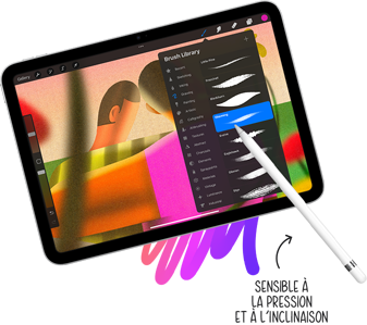 L’Apple Pencil sélectionne un style de pinceau dans la bibliothèque de pinceaux sur iPad. Annotation « Sensible à l’inclinaison et à la pression » avec une flèche pointant vers l’Apple Pencil