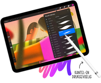Apple Pencil die op iPad een kwaststijl in de bibliotheek selecteert. Bijschrift met een pijl naar Apple Pencil bevat de tekst ‘Kantel‑ en drukgevoelig’