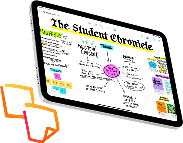 iPad met handgeschreven notities van een brainstormsessie in de Freeform-app