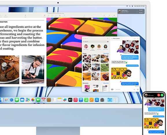 Un iMac à côté d’un iPhone illustrant la fonctionnalité Continuité par le partage d’un échange de messages et de photos entre l’iPhone et l’iMac.