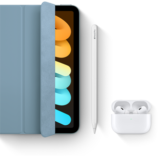 iPad mini in combinatie met Smart Folio, Apple Pencil Pro en AirPods Pro