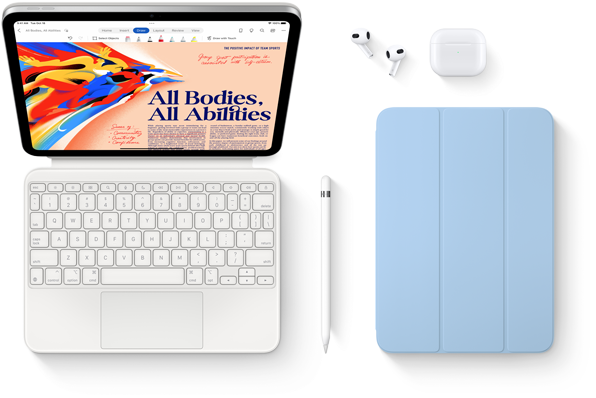 Afbeelding van iPad, Magic Keyboard Folio, Apple Pencil, AirPods en Smart Folio.