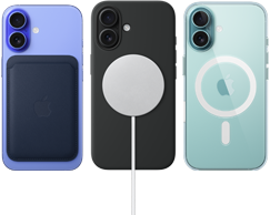 Trois iPhone 16, vue arrière, avec accessoires MagSafe fixés : Porte-cartes en tissage fin avec MagSafe pour iPhone, Chargeur MagSafe avec Coque en silicone, et Coque transparente avec MagSafe pour iPhone