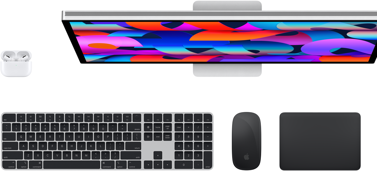 AirPods, Studio Display, Magic Keyboard, Magic Mouse et Magic Trackpad vus d’en haut